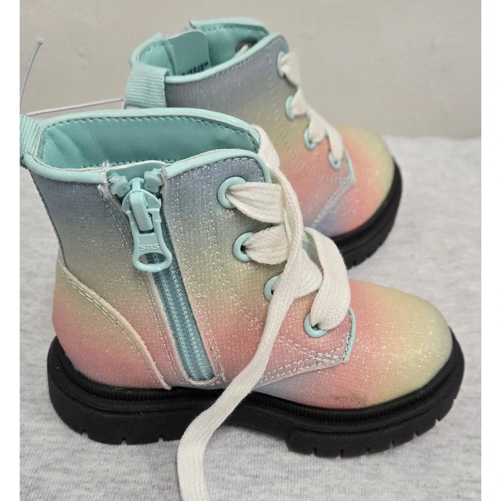 Cat & Jack Toddler Girls Rainbow Ombre Glitter Combat Boots Size 6 Pastel Zip Up